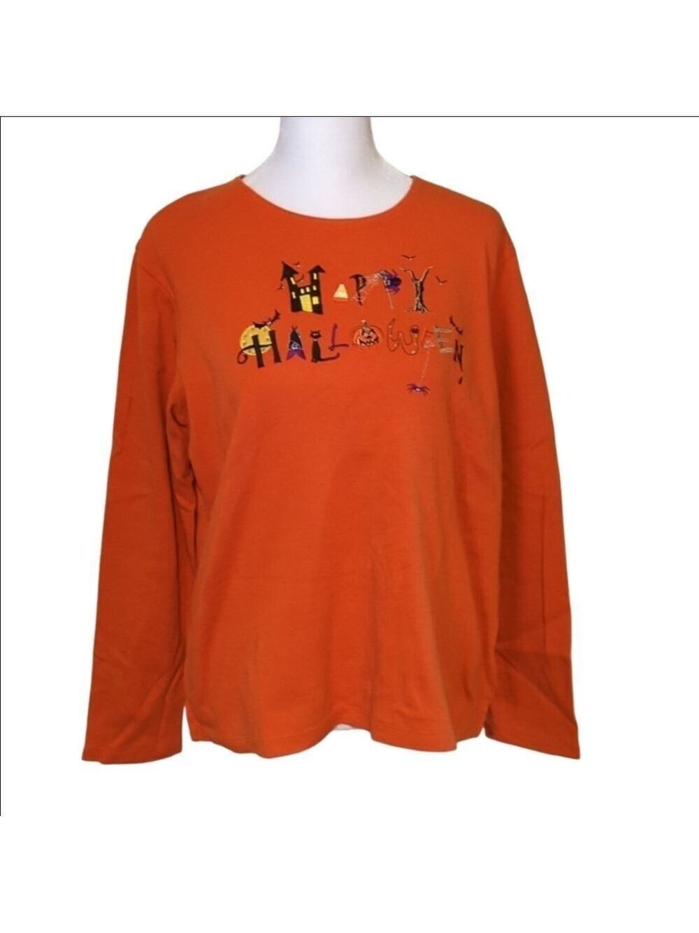 Womens Medium Black Cat Spider Long Sleeve Shirt Spooky Halloween